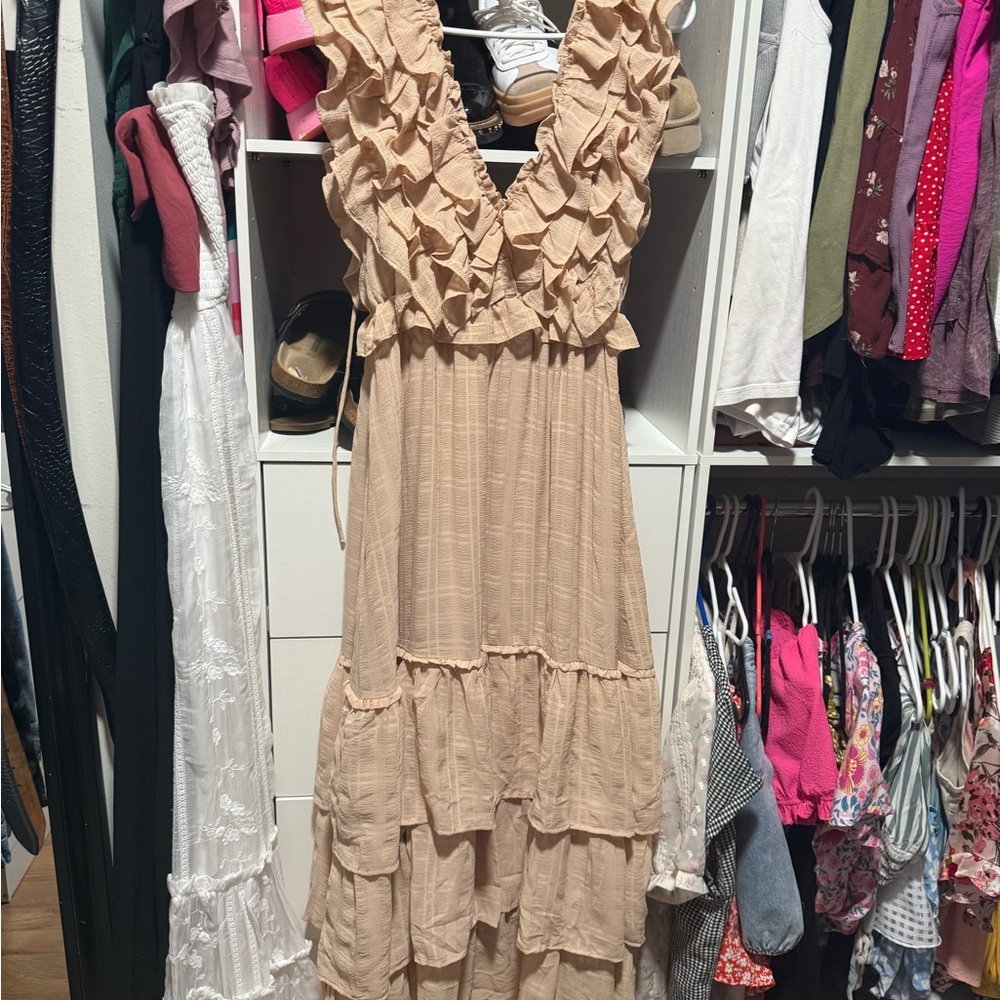Storia Beige Ruffle Tiered Maxi Dress